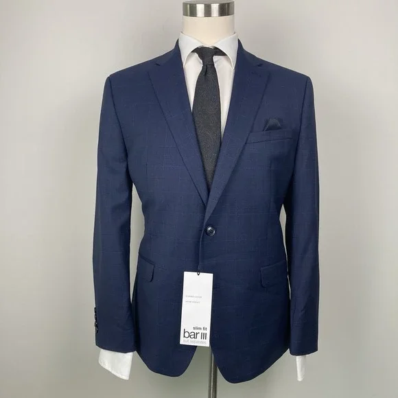 Bar III Men's Slim-Fit Wool Suit Jacket Size 44S Navy Plaid E07996